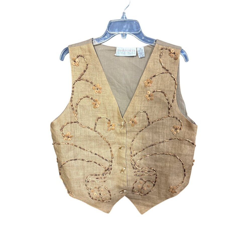 Vintage Passports Of Pier 1 Imports Womens Tan‎ Embroidered Button-Up Linen Vest